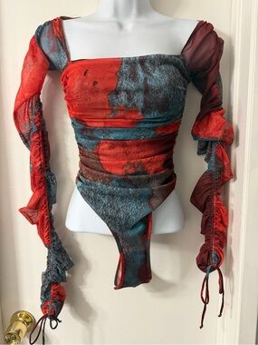 Andrea Iyamah Paro Mesh Thong Red and Teal Abstract Ruched Bodysuit